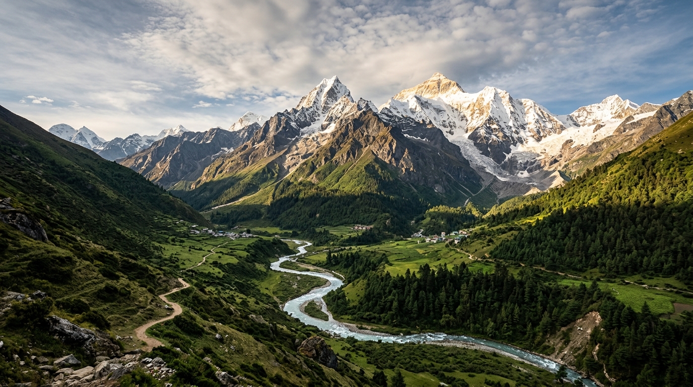 Majestic Himalayan Snow Peaks & Alpine River Valley